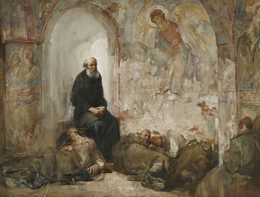 А. Н. Калинин «Милосердие», 1985 г. в методфонде Санкт-Петербургского государственного академического института живописи, скульптуры и архитектуры им. И. Е. Репина.