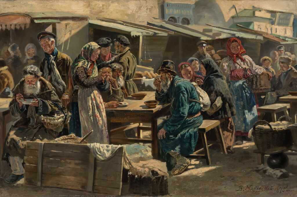 В. Маковский «Обед». 1875 г.  Этюд для картины «Толкучий рынок в Москве», Государственная Третьяковская галерея, г. Москва.