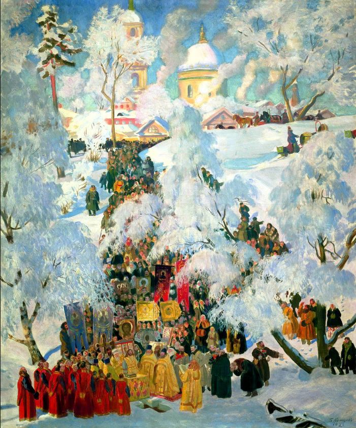 Б.М. Кустодиев «Зима. Крещенское водосвятие», 1921 г. Государственный Русский музей, Санкт-Петербург.
