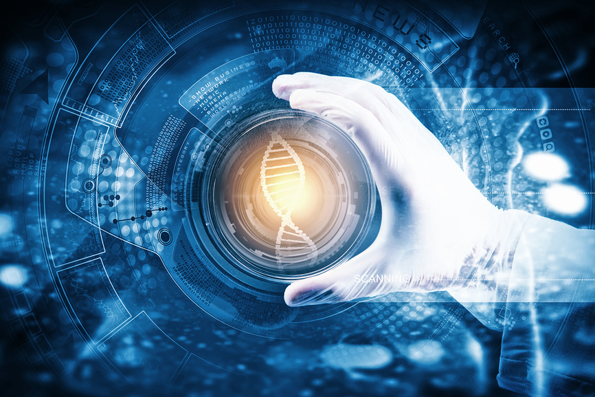 художественная визуализация, символизирующая взаимодействие человека с генетической информацией