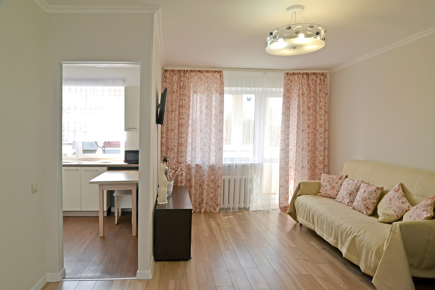 Вид на гостиную и кухню. Современный интерьер