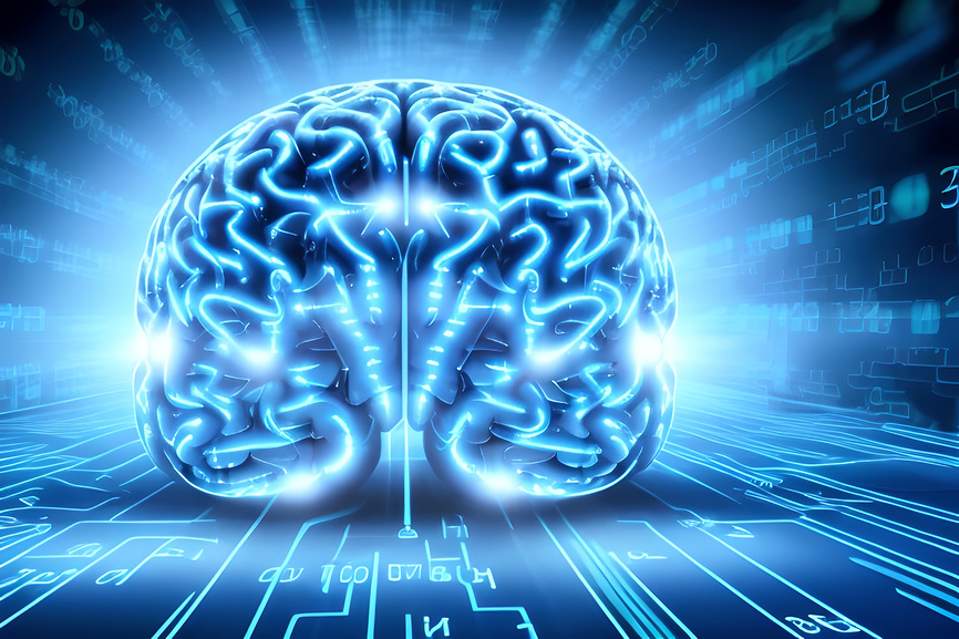 стилизованный человеческий мозг, выполненный в футуристическом