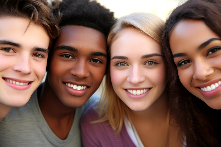 Группа улыбающихся молодых людей разных рас. День молодёжи.