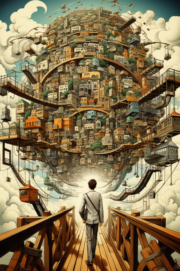 Мужчина идет по мосту к настоящим облачным городам.