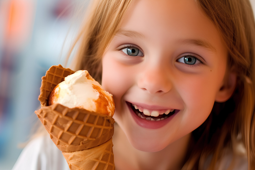 Смеющаяся девочка с мороженым.