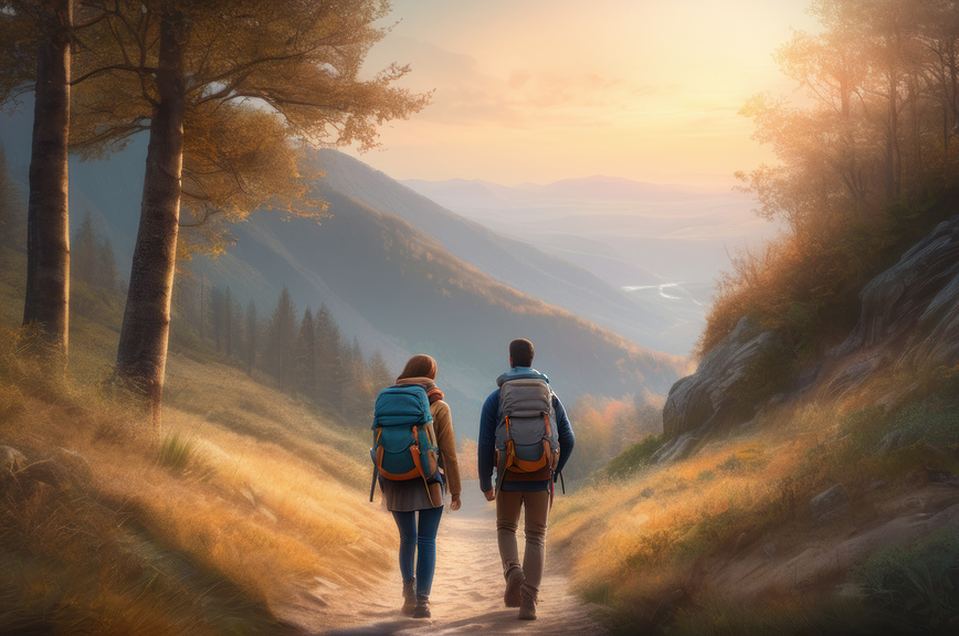 Двое туристов, мужчина и женщина, идут по дороге в гору, парень и девушка осенью отправились в поход с рюкзаками на спине, вид сзади на туристов в лесу.