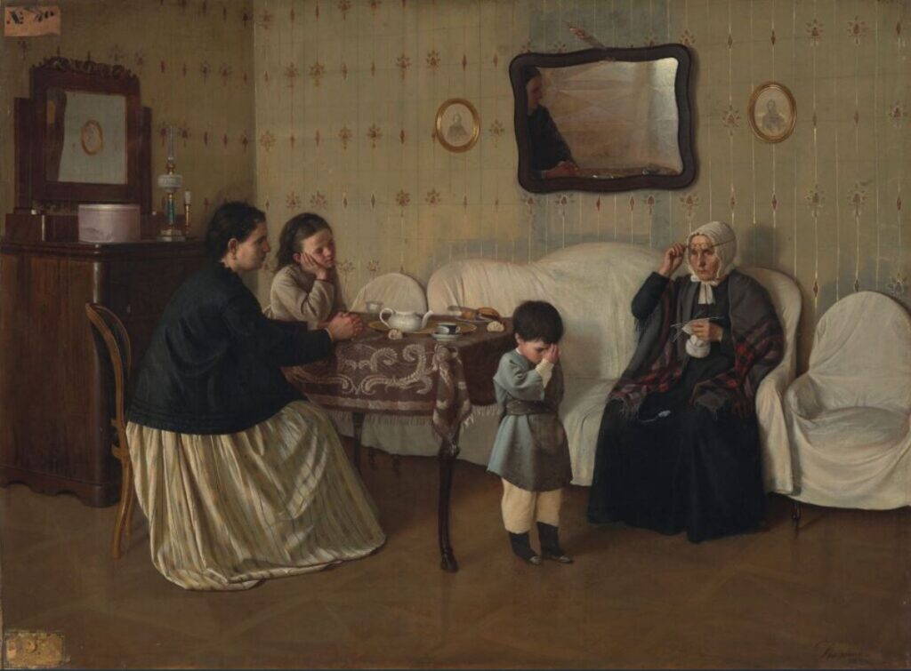 А. Румянцев «Утро в семействе. Обучение молитве», 1871 г. Государственная Третьяковская галерея, г. Москва.