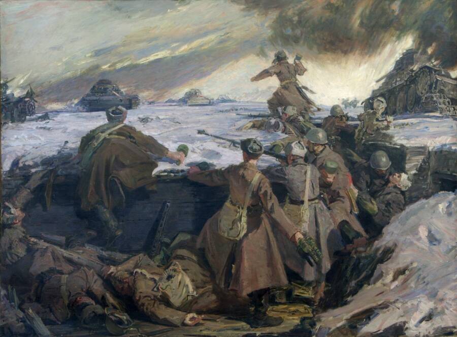 Д. Мочальский «Подвиг 28 героев-панфиловцев», 1942 г. Симферопольский художественный музей.